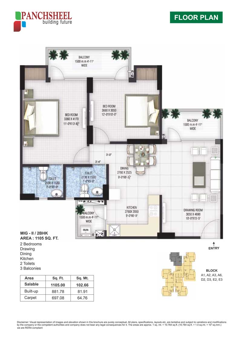 Panchsheel Greens 2 1105-sqft floor plan